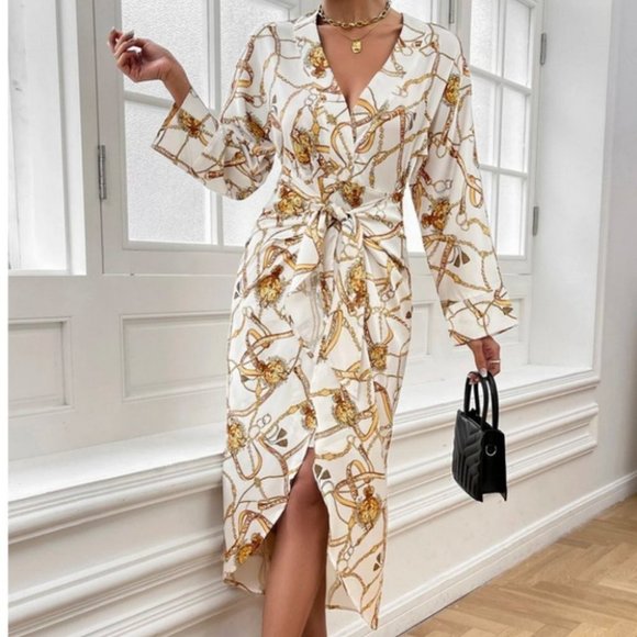 . Dresses & Skirts - Tie Front Chain Print Asymmetrical Hem long sleeve Midi Dress